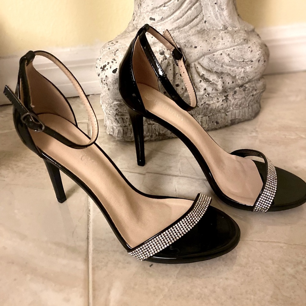 Heels, rhinestone sandals, dressy shoes for nightlife or dinner. 3”, ankle strap